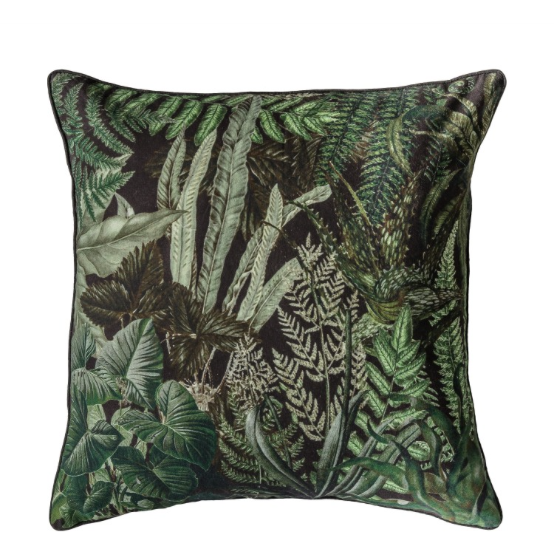 Luxury feather-filled cushion featuring a botanical jungle print in rich tones of green and teal. Cushion reverse of soft black velvet.